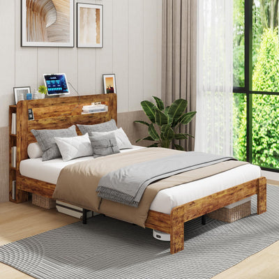 Queen Size Wooden Bed Frame with Storage Headboard & Charging Station, Farmhouse Platform Bedframe with LED Lights & Wood Slat Support, No Noise, No Box Spring Needed, Easy Assembly (Rustic Brown