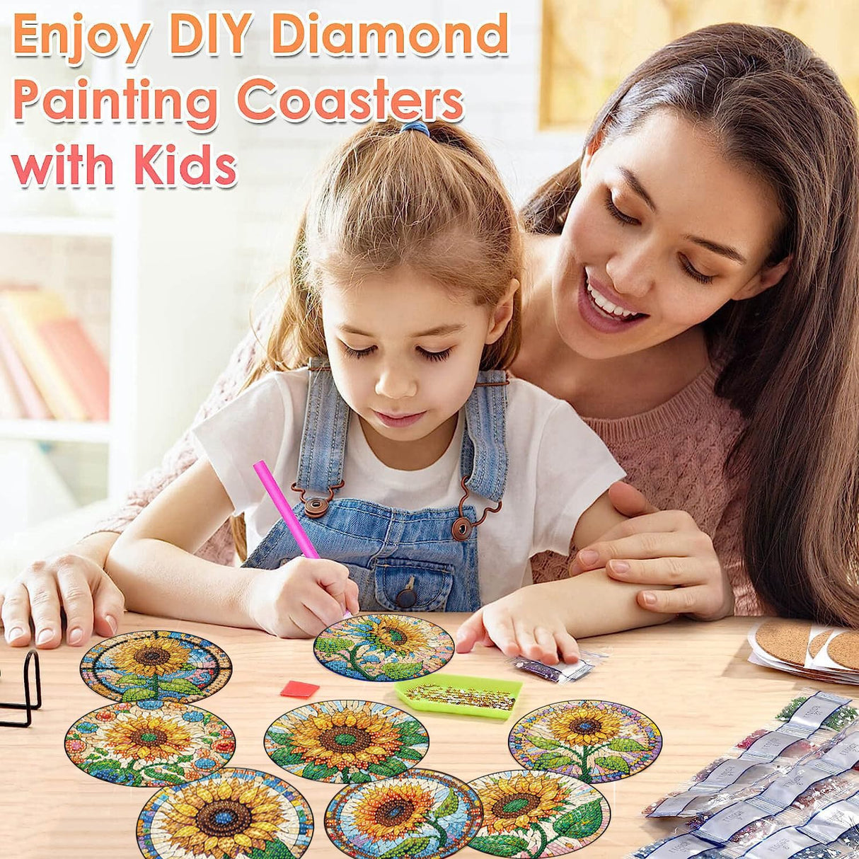 ijbnhd 8 PCS Sunflower Diamond Painting Coasters Sunflower Diamond Art Coasters with Holder DIY for Adults, 5D Diamond Crafts Supplies (Cork Wooden Pad) ijbnhd