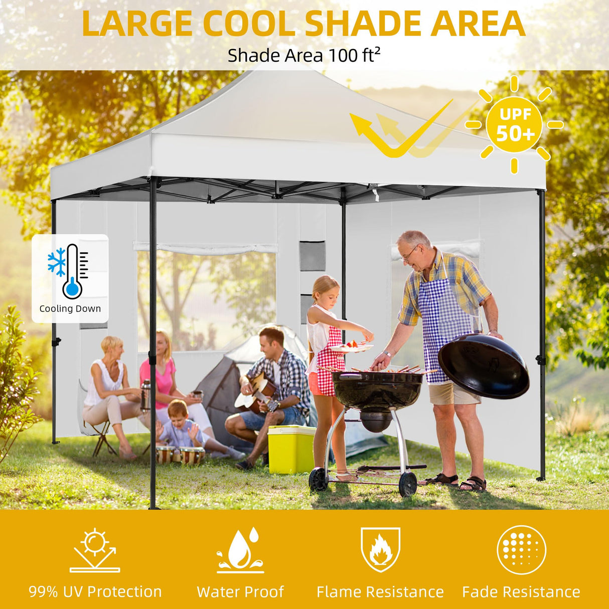 DWVO 10x10 Pop Up Heavy Duty Canopy Tent with 4 Removable Sidewall, 4 Ropes, 8 Stakes, 2 Blank Banners, 4 Sandbags & 1 Carry Bag with Wheel, Garden Gazebo Tent, Party, Exhibition, Commerce, White DWVO