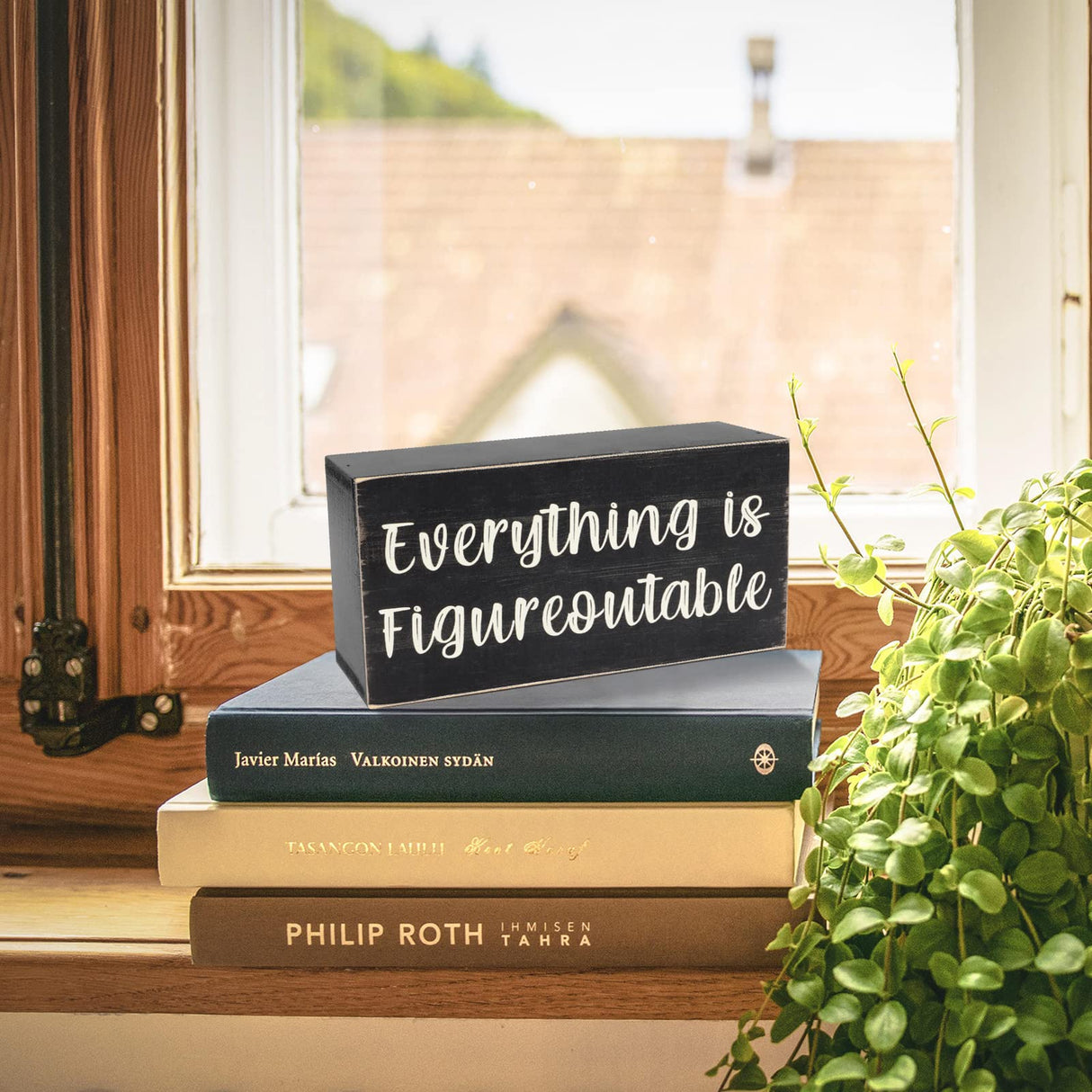 Esur Home Office Desk Black Decor - Inspirational Farmhouse Wooden Box Sign - Everything is Figureoutable esur