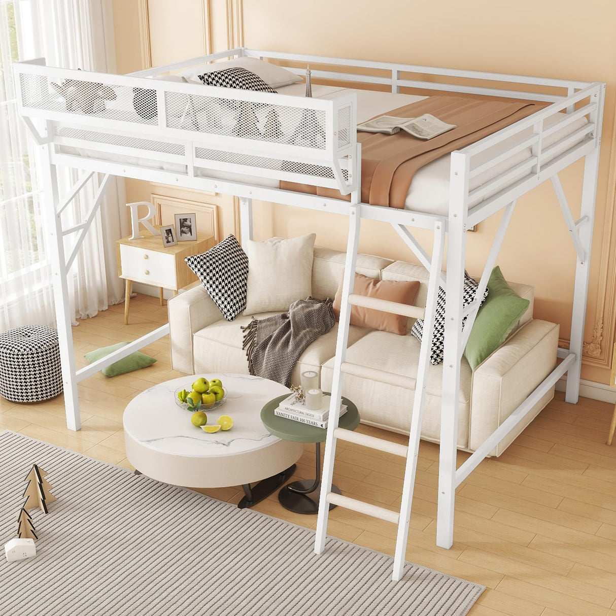 KEIKI Full Size Metal Loft Bed Frame with Ladder and Built-in Storage Shelves, for Teens, Modern Style Loft Bed with Solid Slats, Guardrail, No Box Spring Required, Easy Assembly, for Bedroom, White KEIKI