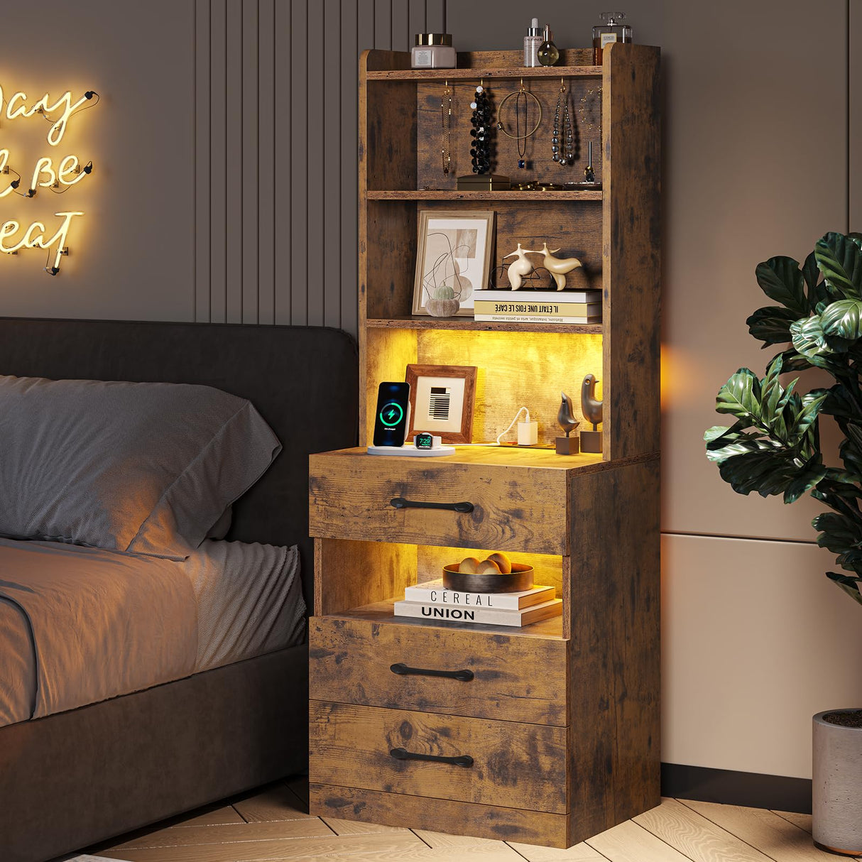 VIAGDO Tall Nightstand Set of 2 with Charging Station and LED Lights, Rustic Brown Night Stand Set 2 with Bookshelf, Modern LED Bedside Tables with 3 Drawers and Storage Shelves, Side Tables Bedroom VIAGDO