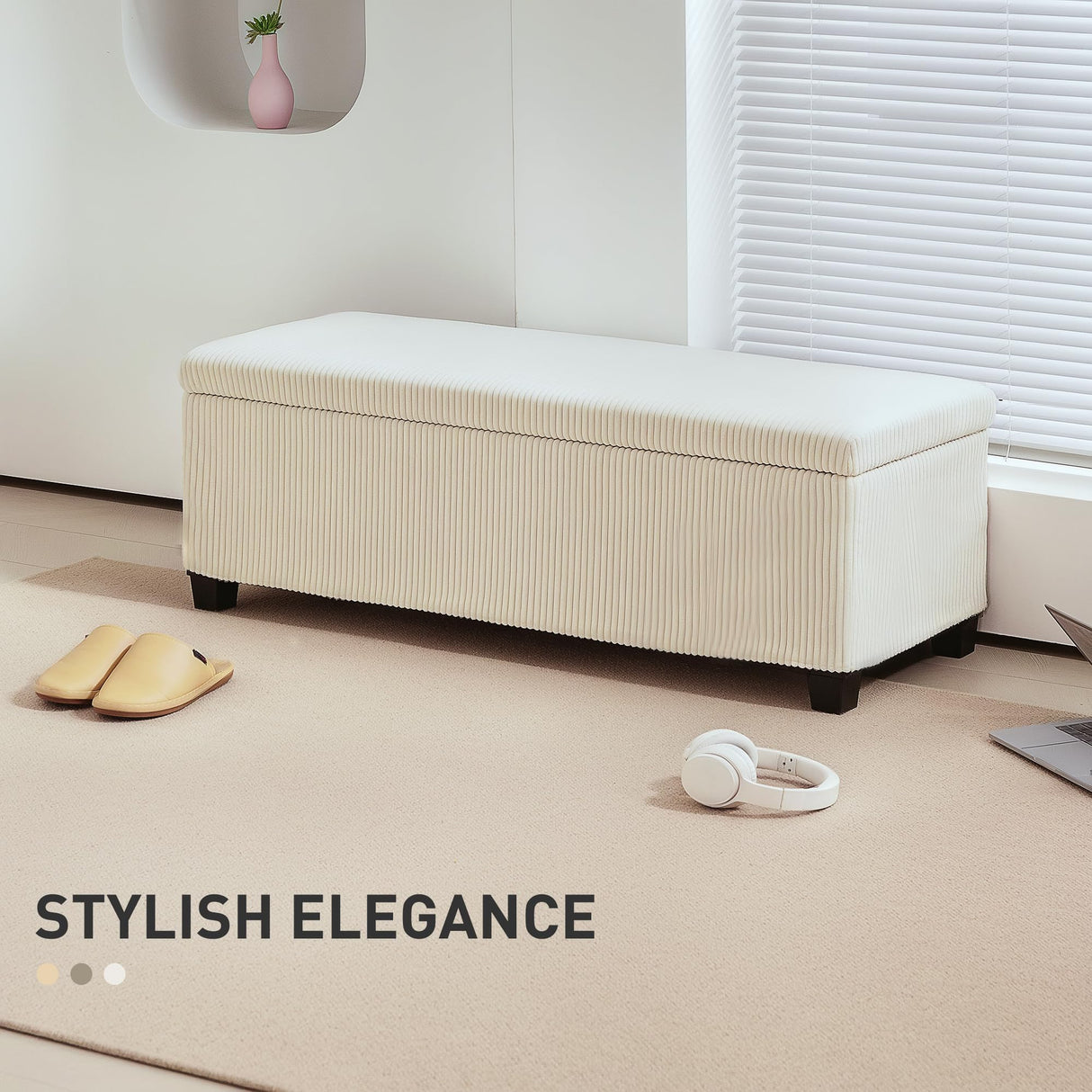 HOMCOM 44 Inches Storage Ottoman Bench, Foot Rest with Removable Lid, Legs, End of Bed Bench, Corduroy Storage Chest, Padded Seat, for Living Room, Bedroom, Entryway, Beige HOMCOM