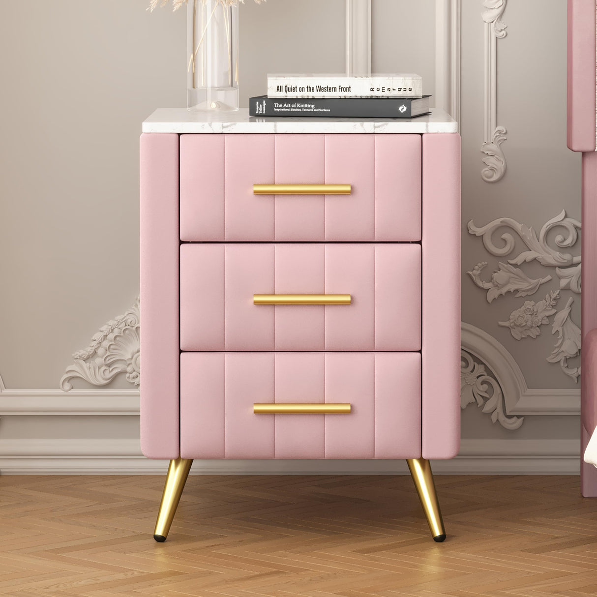 Merax Nightstand with Drawers Set of 2, Upholstered Wood Bedside End Table with Marbling Top, Pink Merax