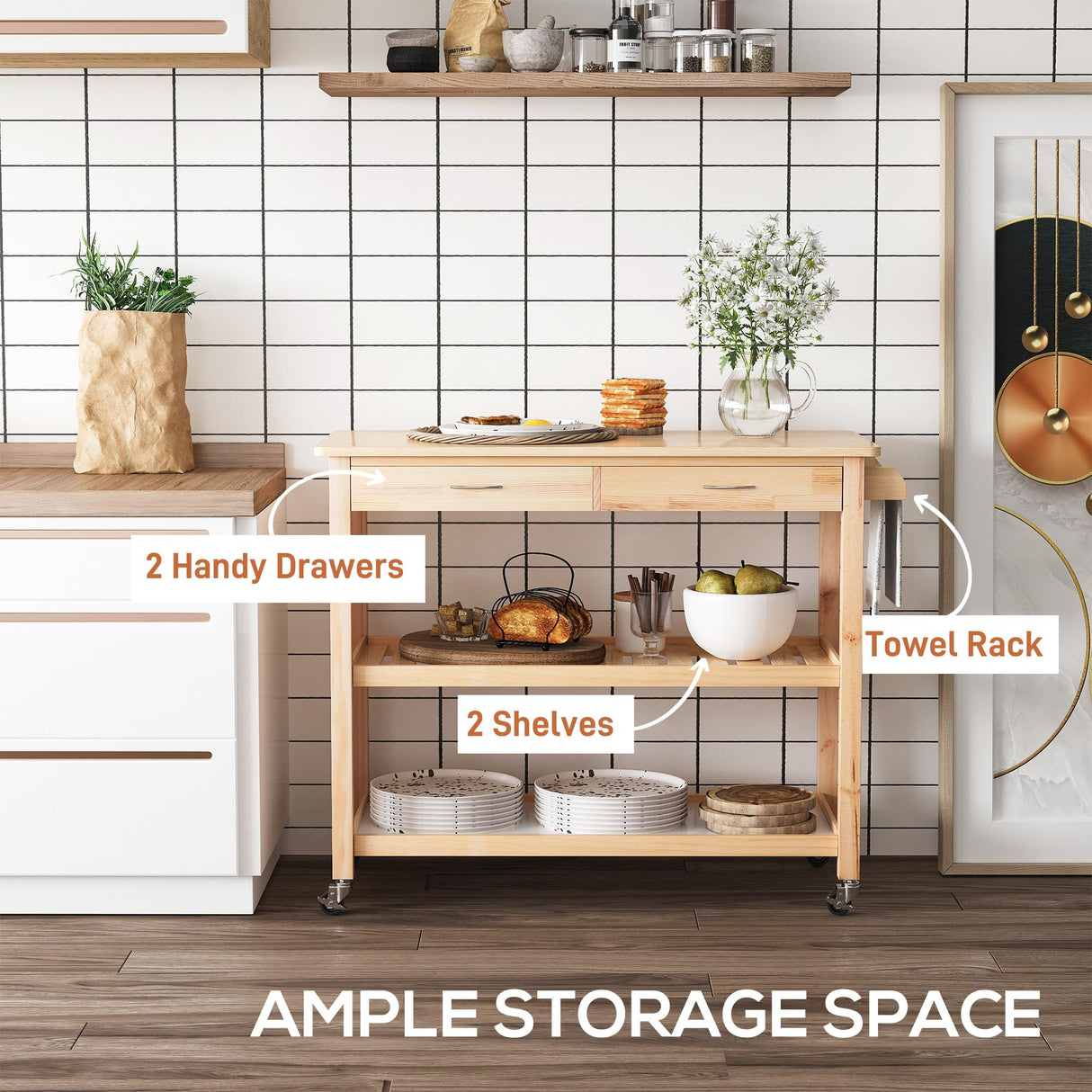 HOMCOM 42" Kitchen Trolley Cart Rolling Island, Wooden Utility Serving Cart with 2 Drawers and 3-Tier Shelf, Natural HOMCOM