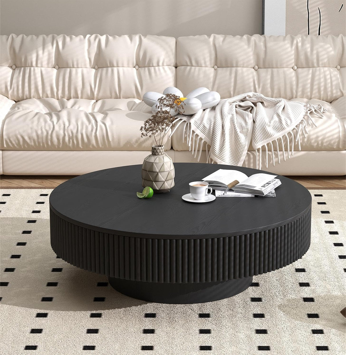 Apicizon 31.5'' Black Round Fluted Coffee Table for Living Room, Mordern Wood Coffee Table, Drum Coffee Table for Small Space, Center Accent Table, Mid-Century End Table for Apartment Apicizon