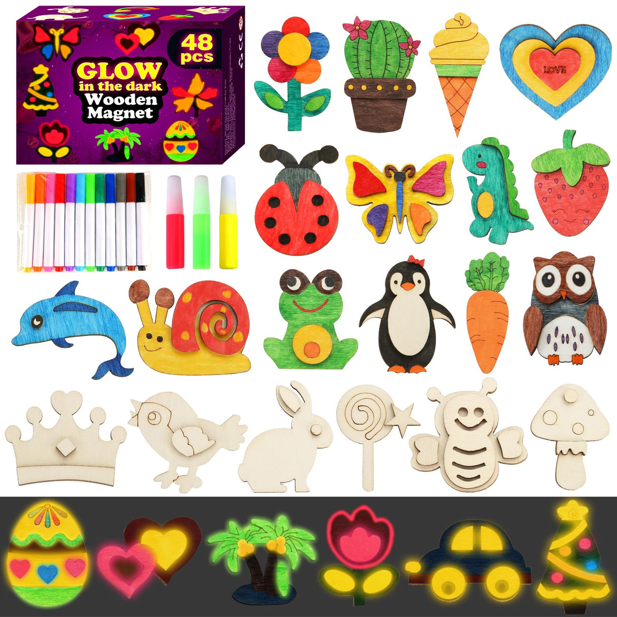 Worgree 48 Pcs DIY Wooden Magnets, Wooden Art Craft Supplies Painting Kit for Kids Ages 4-8 8-12 Glow in The Dark Party Favors Goodie Bag Stuffers Birthday Gifts Toys for Boys Girls Worgree