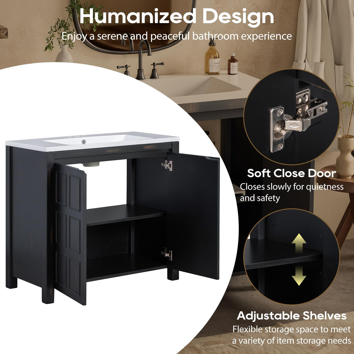 LUMISOL 36" Bathroom Vanity with Sink Combo, Modern Single Bathroom Vanity with 2 Soft-Closing Doors, Adjustable Shelf, Freestanding Bathroom Storage Cabinet with Undermount Sink, Espresso LUMISOL