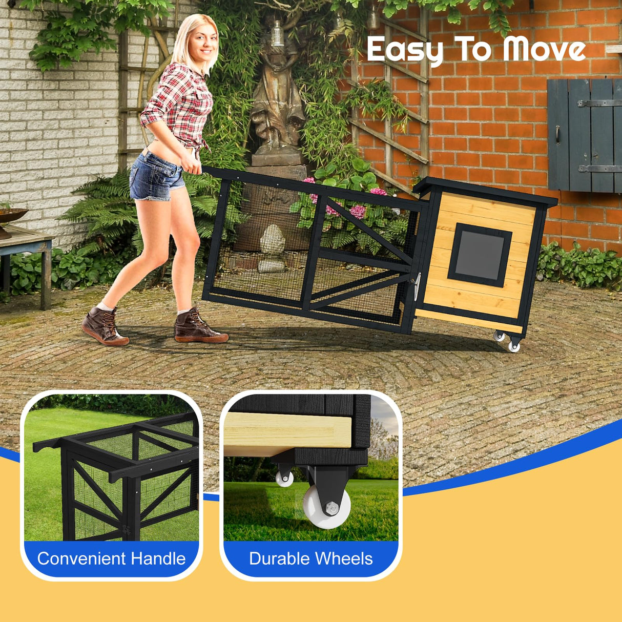 TIMHAKA 71'' Chicken Coop with Wheels, Outside Chicken House for 2-3 Chickens, Outdoor Wooden Mobile Duck Coops with Run & Waterproof Asphalt Roof, Removable Tray for Backyard Poultry Pet Hutch TIMHAKA