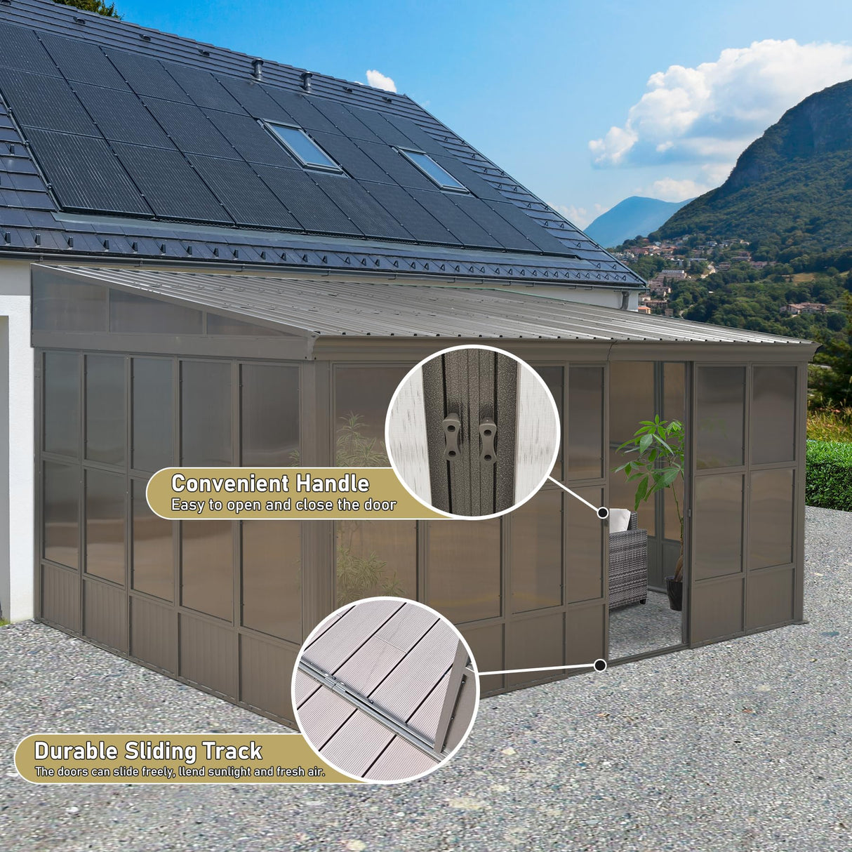 Domi 12x16FT Lean-to Sunroom, Wall Mounted Solarium with Galvanized Steel Sloping Roof, Moveable PVC Screen, Front Door&Side Sliding Door, Outdoor Permanent Gazebo Against Wall Sun Room for Patio Deck domi outdoor living