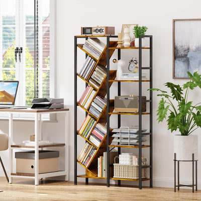 5-Tier Double Wide Bookshelf 67" , Industrial Tree BookShelves, Vintage Storage Rack with 14 Open Shelves, Large Bookcase, Wooden and Metal Bookshelves, Wide Display Rack for Home Office Decorative