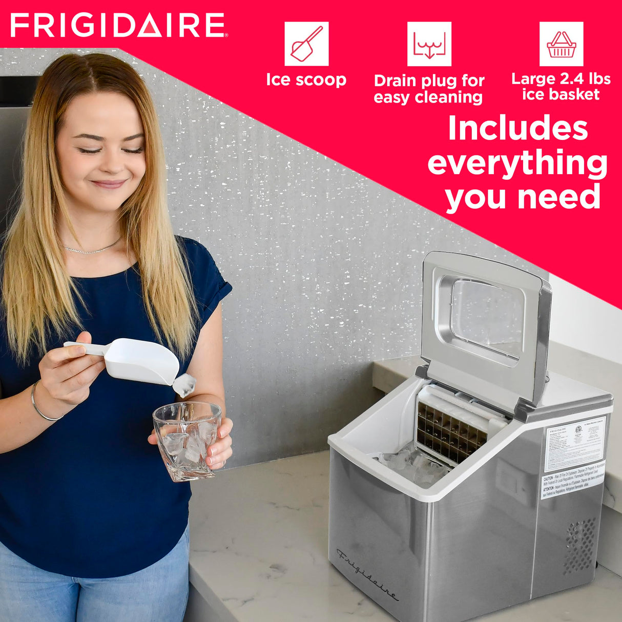 FRIGIDAIRE EFIC452-SS 40 Lbs Extra Large Clear Maker, Stainless Steel, Makes Square Ice Frigidaire