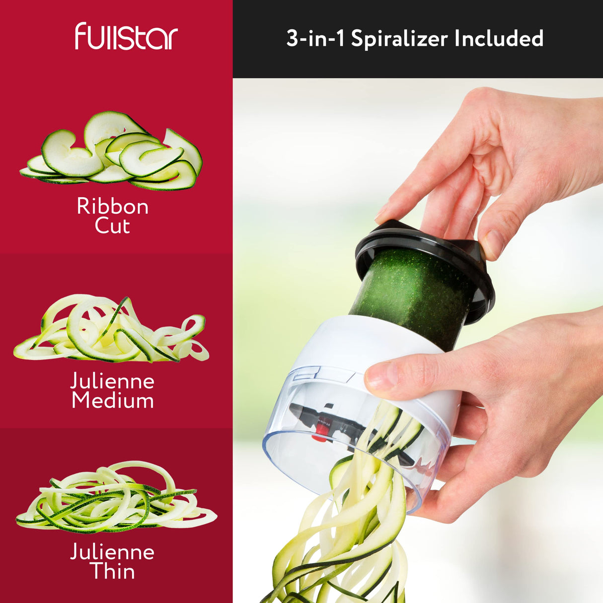 Fullstar All-in-1 Vegetable Chopper, Mandoline Slicer & Cheese Grater - French Fry Cutter & Veggie Dicer - Cheese Slicer - Includes Bonus Handheld Spiralizer (6 in 1, Black/White) fullstar