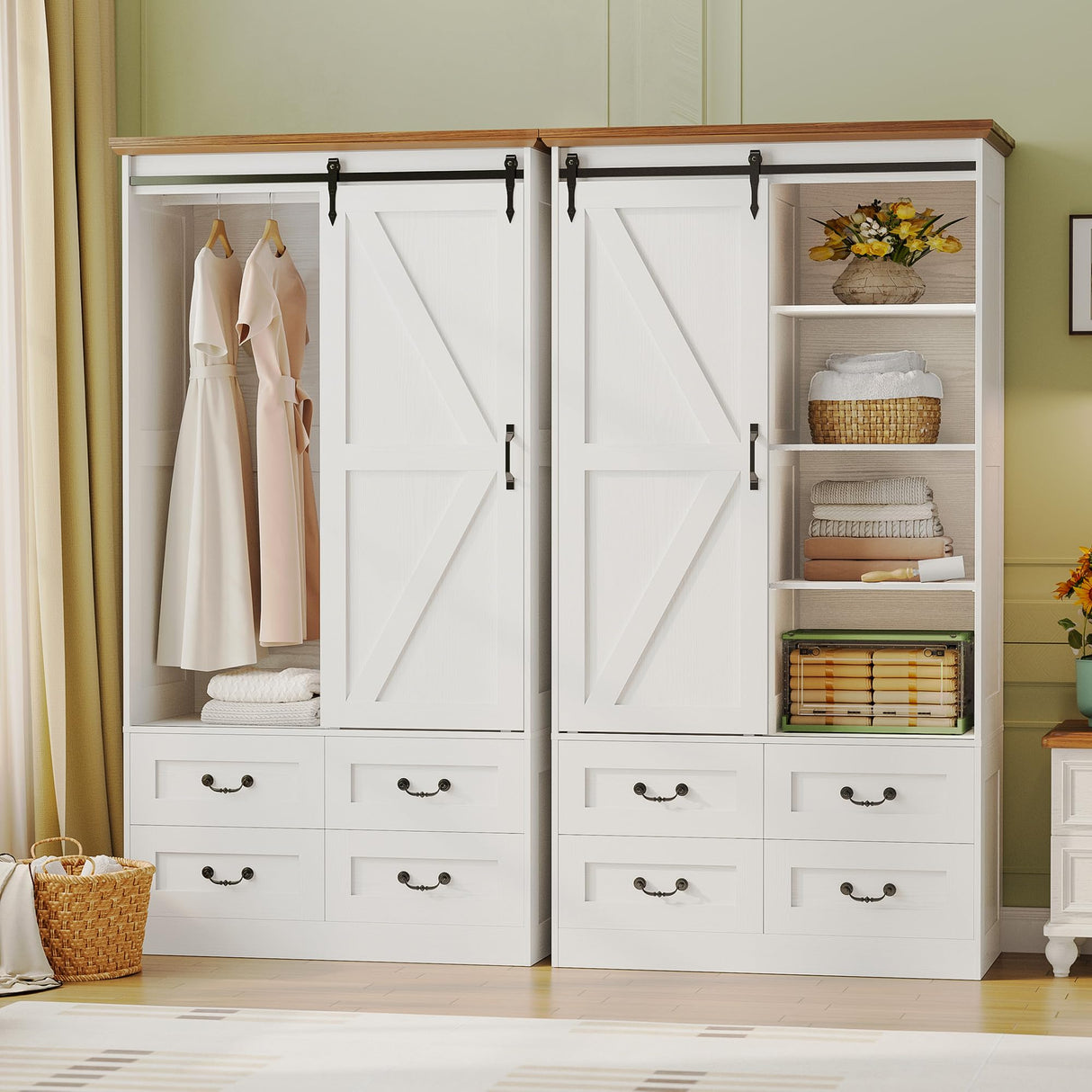 IRONCK Armoire Wardrobe Closet with 4 Drawers,71" Wardrobe Cabinet with Sliding Barn Doors, Tall Clothing Storage Cabinet with Hanging Rod and Shelves for Bedroom, White IRONCK