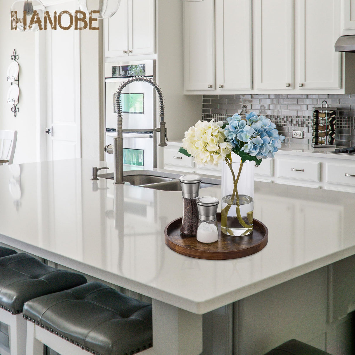 Hanobe Decorative Coffee Table Tray: Brown Wood Tray Round Rustic Wooden Trays Circle Farmhouse Centerpiece Candle Holder for Home Decor Ottoman Counter Display Living Room Organizer 12" Hanobe