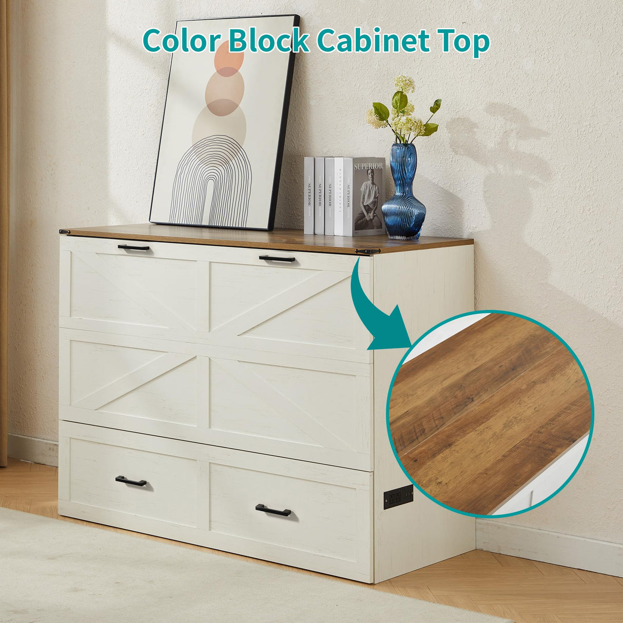 Tltaroni Queen Murphy Bed with Charging Station Large Storage Drawer, Farmhouse Wood Space Saving Hidden Foldable Cabinet Bed for Bedroom Office School, Rustic White Tltaroni