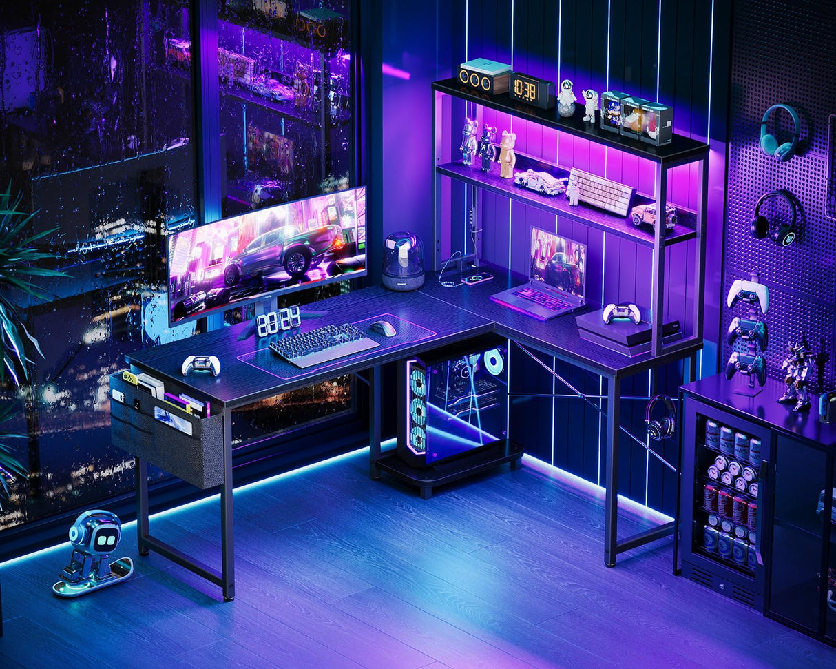 AODK L Shaped Desk Gaming Desk with LED Light & Power Outlet, 53 Inch Reversible L Shaped Computer Desk with Shelf, Corner Desk with Storage Bag&Hook for Home Office Desk, Black AODK