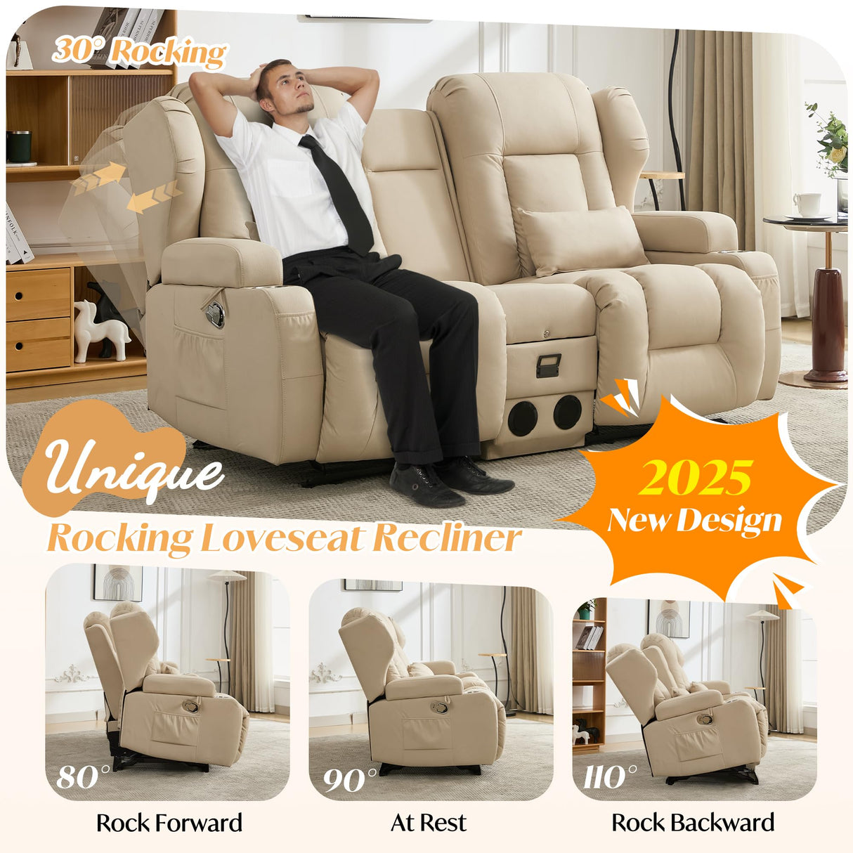 DRMBOOK Loveseat Rocker Recliner Sofa, Leathaire Fabric Double Reclining Couches with Console, Manual Reclinable Dual Recliner, RV Movie Theater Seating with USB/Bluetooth Speaker (Leathaire Beige) DRMBOOK