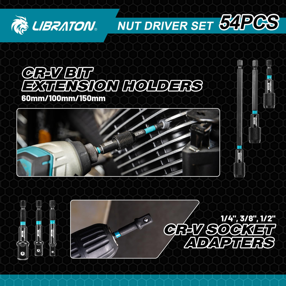 LIBRATON 54PCS Magnetic Nut Driver Set, Impact Drill Driver Bit 1/4", Metric & SAE Nut Driver for Impact Drill, Socket Adapters, Screwdriver Bits, Quick-Release Extension, Wing Nut Driver, Storage Box LIBRATON