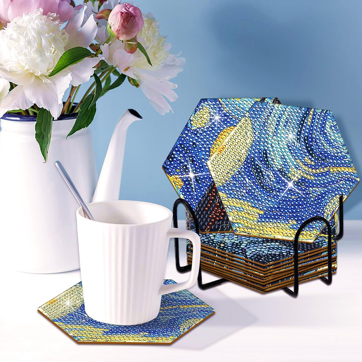 Diamond Art Coasters Van Gogh Starry Night, 7 PCS Diamond Art Hexagonal Coasters with Holder, Small Diamond Painting Kits for Adults Beginners NUFTVI