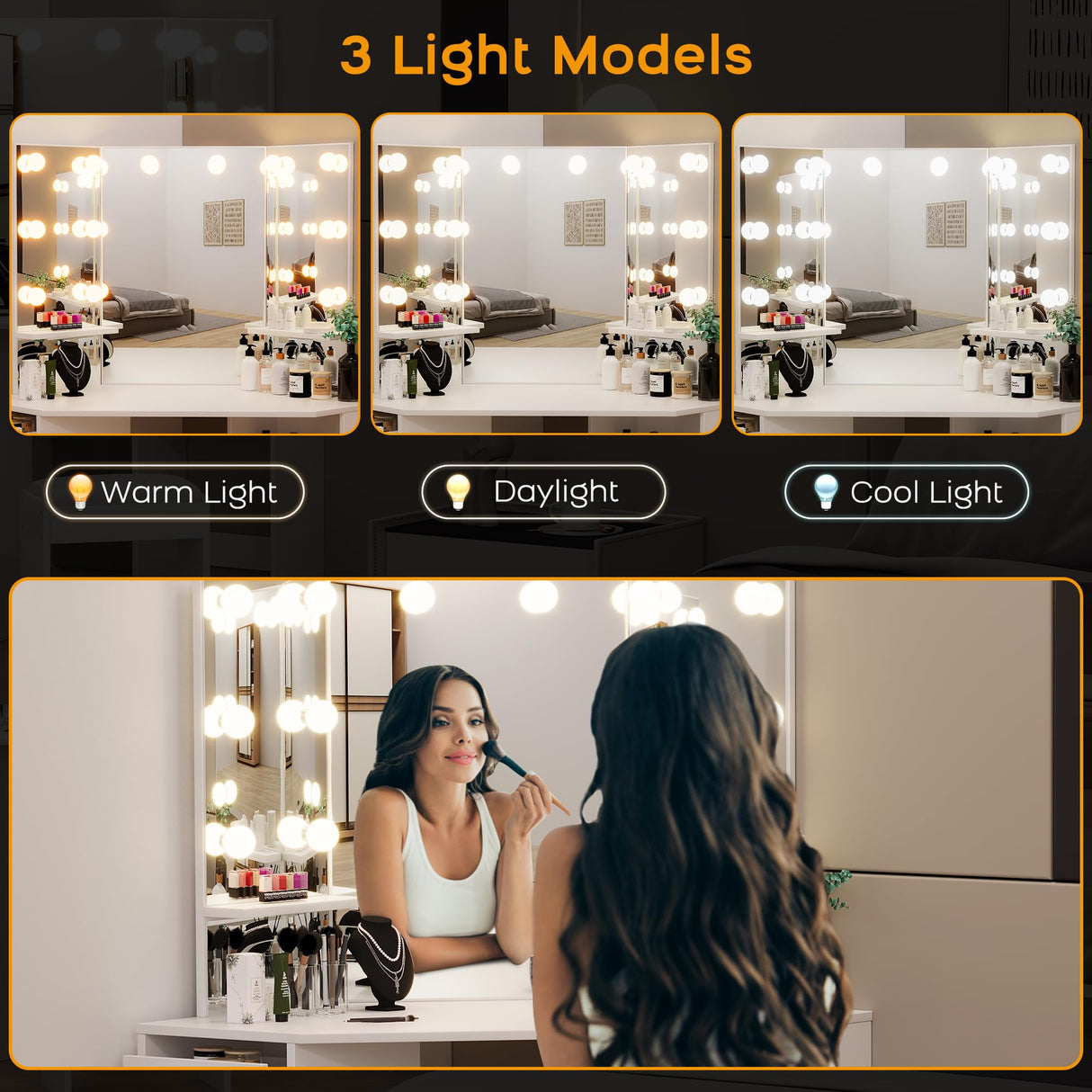 Wpond Corner Makeup Vanity Desk with Mirror and Lights - Adjustable LED Lighting, Spacious Storage, Built-in Charging, 5 Drawers, and Stool, White Wpond