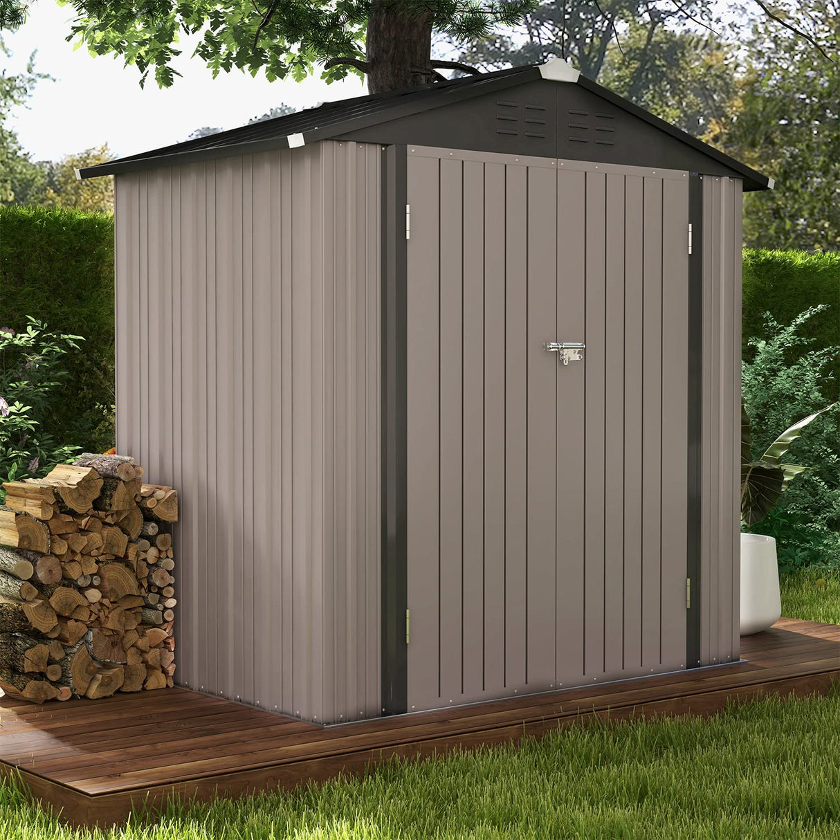 Patiowell 6x4 FT Outdoor Storage Shed, Garden Tool Storage Shed with Sloping Roof and Double Lockable Door, Outdoor Shed for Garden Backyard Patio Lawn, Brown Patiowell
