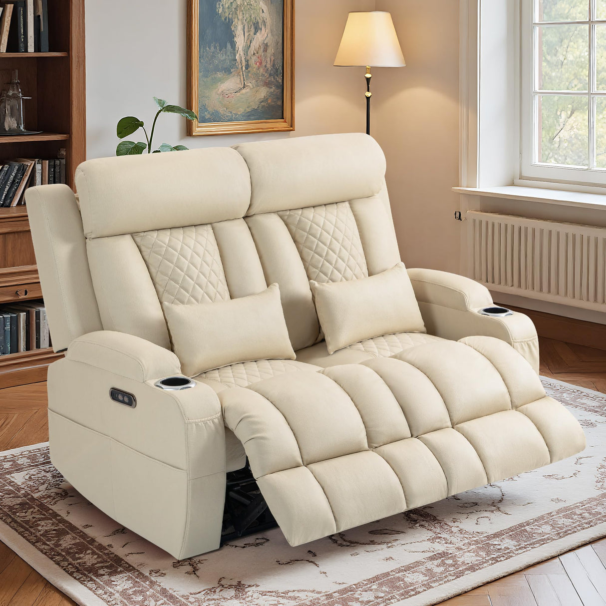 CALIVIA Wall Hugger Power Reclining Loveseat with Manual Adjustable Headrests, Electric Recliner Sofa with USB/Type-C Ports, Cup Holders – Perfect for RV and Small Spaces (Beige) CALIVIA