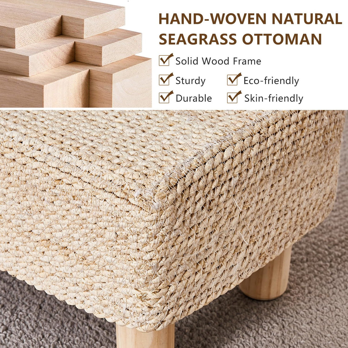 Cpintltr Foot Stool Ottoman Rectangular Footrest Pouf Ottomans Natural Seagrass Footstool with Wooden Legs Hand Weave Step Stool for Living Room Bedroom Entryway Natural White Cpintltr