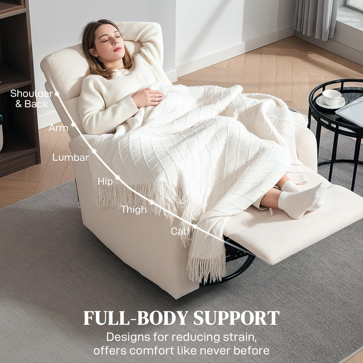 HOMCOM Swivel Rocker Recliner Chair, Wide Glider Rocking Single Sofa with Pocket Spring, Footrest, Modern Fabric Overstuffed Reclining Chair for Living Room, Bedroom, Quick Assembly, Cream White HOMCOM