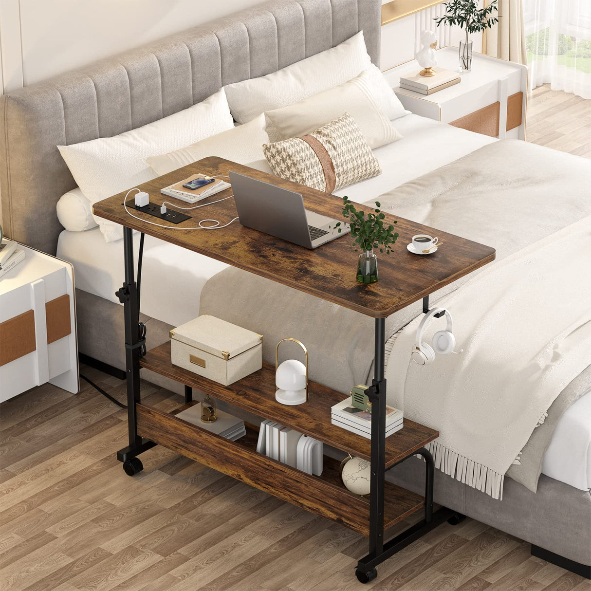 Height Adjustable Standing Desk with Power Outlets, 32" Manual Stand Up Desk with Storage Shelves Small Mobile Rolling Computer Desk Portable Laptop Table with Wheels for Home Office, Rustic armocity