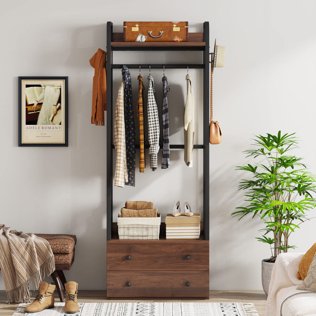 Tribesigns Freestanding Closet Organizer Small Clothes Rack with Drawers and Shelves, Heavy Duty Coat Rack Small Garment Rack Industrial Hall Tree for Entryway, Bedroom Tribesigns