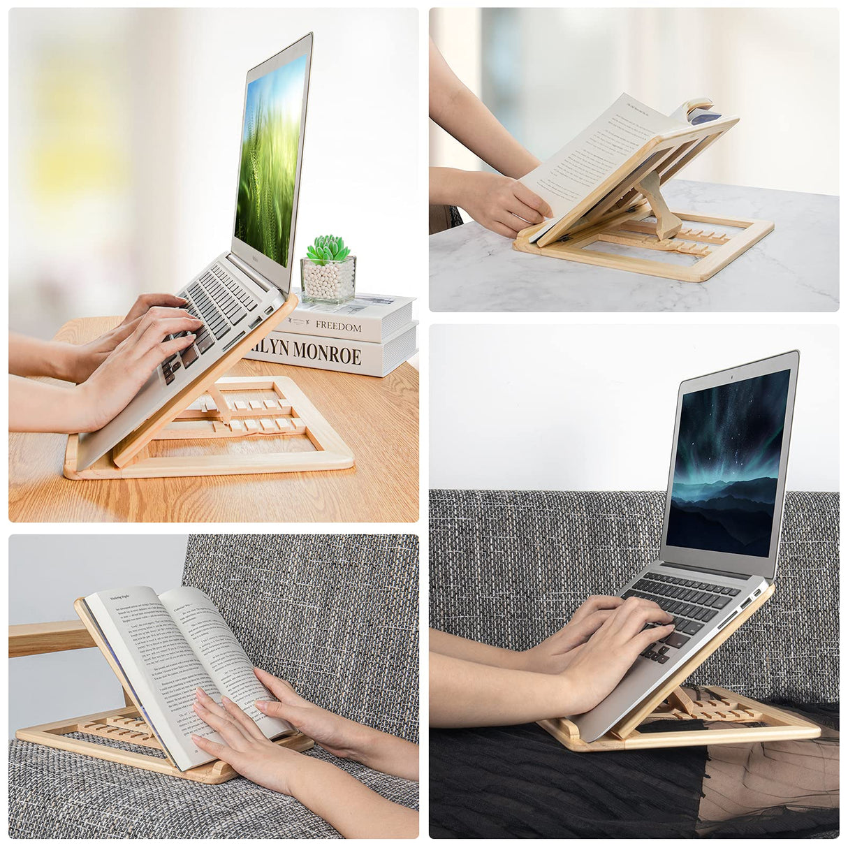 Skoioje Wooden Laptop Stand, Foldable Wood Laptop Riser Adjustable Computer Wooden MacBook Stand for Desk Portable Universal Notebook Laptop Holder with Multiple Angles for Laptops Up to 15.6 inches Skoioje