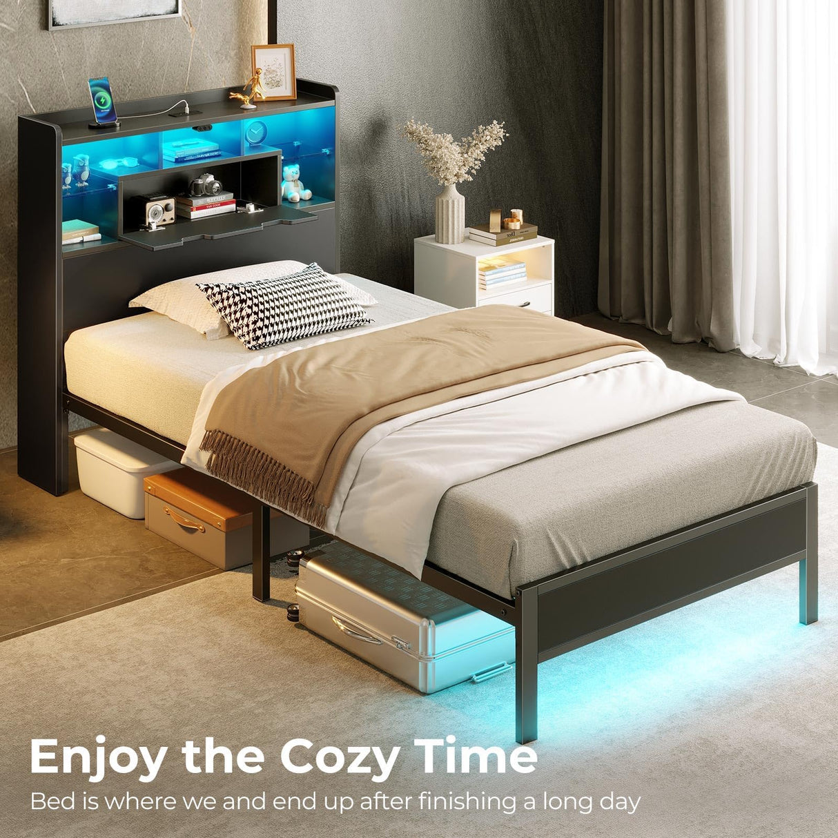 Rolanstar Twin Bed Frame with Headboard, LED Bed with Bookcase Storage and Charging Station, Metal Platform Bed with Glass Shelves, No Box Spring Needed, Noise-Free, Black Rolanstar