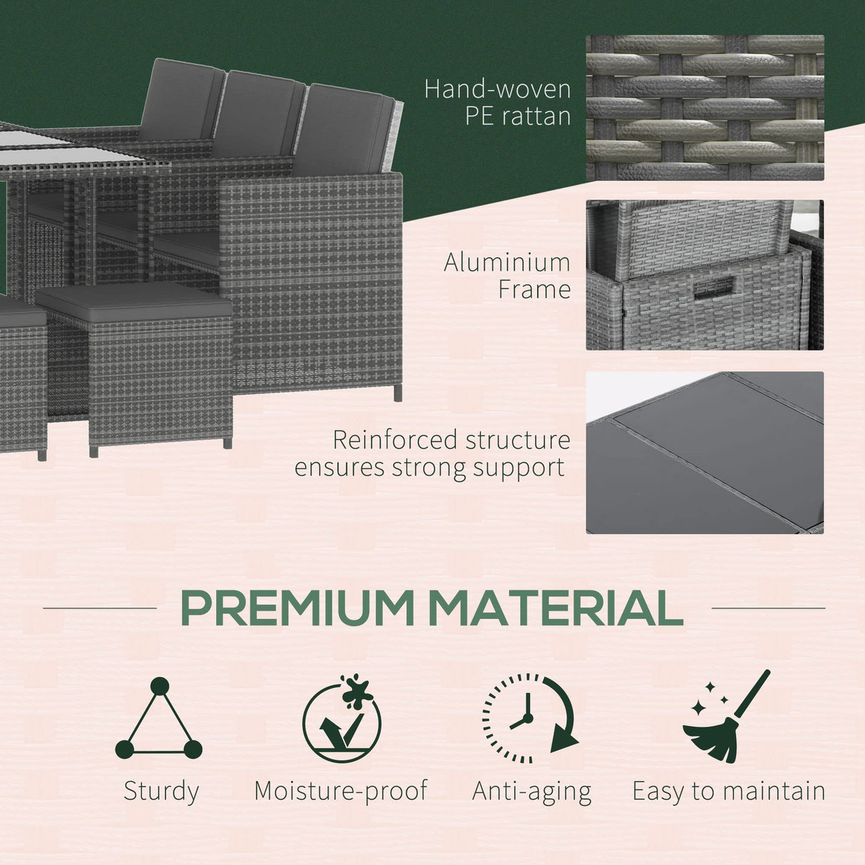 Outsunny 11 Pieces Outdoor Dining Set for 10, Space Saving Wicker Chairs and Glass Table with Cushions and Ottomans, Rattan Conversation Patio Furniture Set for Garden Backyard Deck, Dark Gray Outsunny