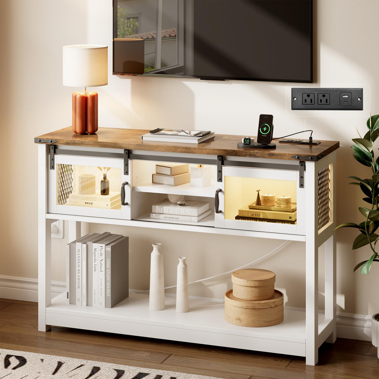 Whalefall Visual Console Table with Power Outlets, 46" Farmhouse Entryway Table with Storage, Narrow Long Sofa Table with LED Light for Living Room, Hallway, Behind Couch Whalefall