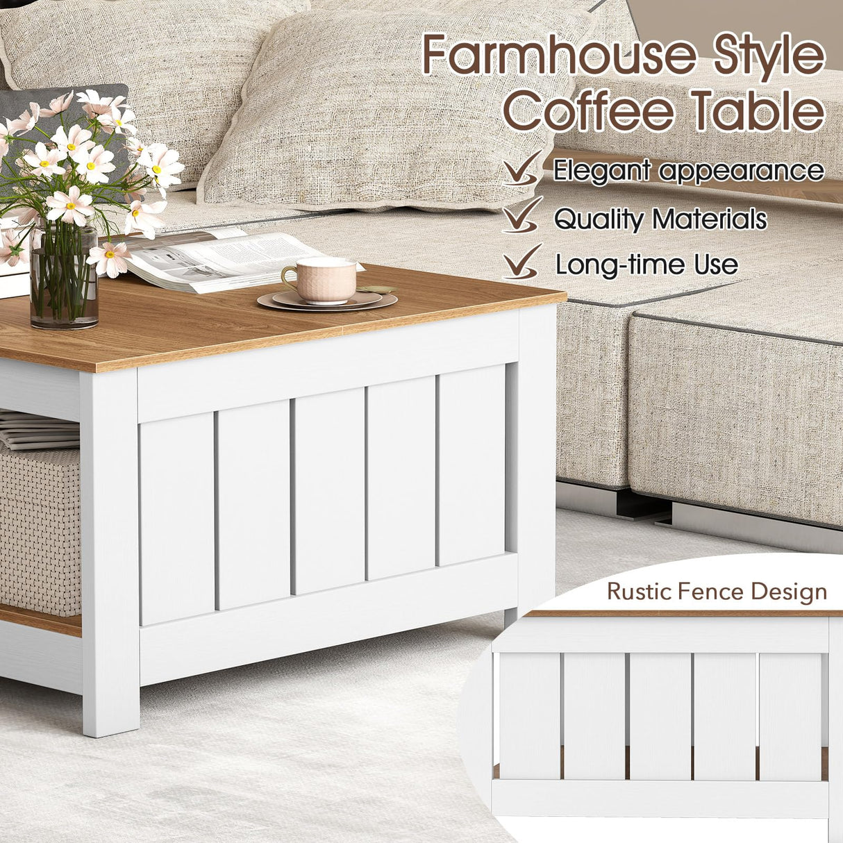 Giantex Farmhouse Coffee Table, 2-Tier Square Center Table for Living Room with Fence Design & Open Storage Shelf, Wood Living Room Tables for Small Spaces, Apartment, Natural & White Giantex
