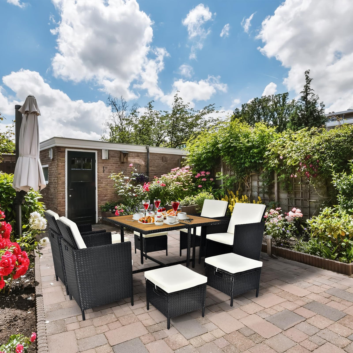 MATONELL 9 Piece Acacia Wood Patio Dining Set, Space Saving Wicker Chairs with Soft Cushions and Wood Table, Outdoor Furniture Set for Garden Yard Poolside, Black MATONELL