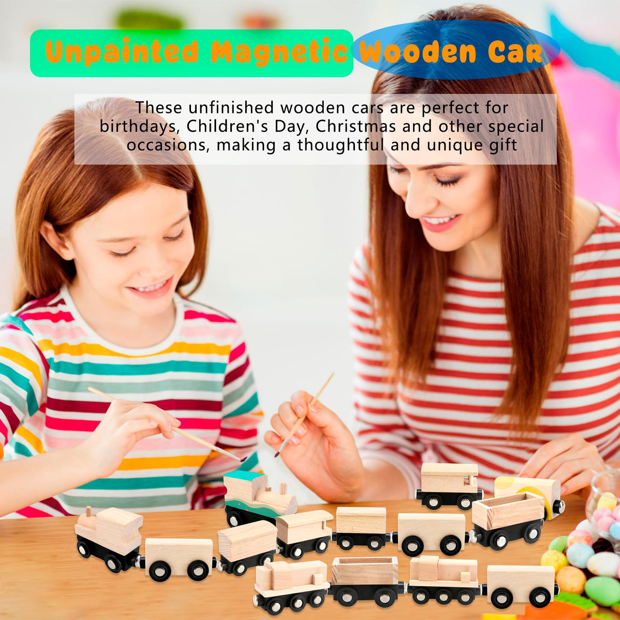 Hoarost 18 Pack Unfinished Wooden Cars Unpainted Magnetic Wood DIY Crafts Trains Car for DIY Craft Activities Birthday Gift (Color Set 2) Hoarost