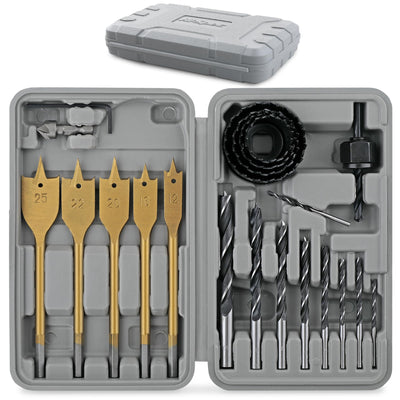 Hi-Spec 21pc Wood Hole Saws, Brad Points & Spade Drill Bit Set for Drill Drivers in a Compact Tool Kit Case
