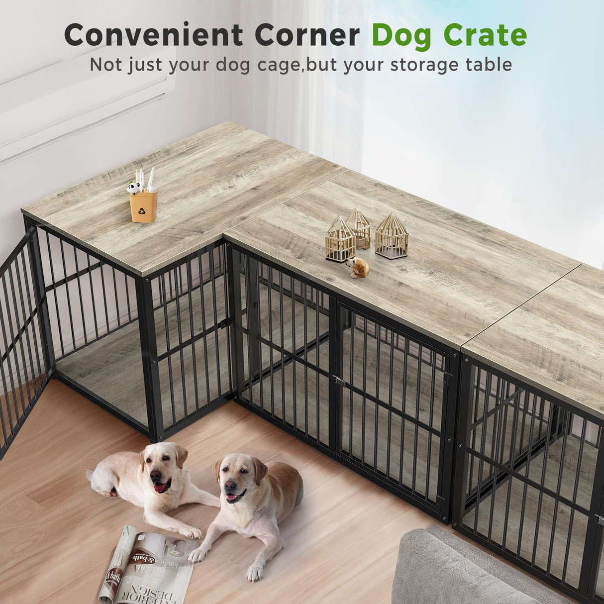 Lyromix 43'' L-Shaped Corner Dog Crate Furniture Large Breed for 2 Dogs with Double Rooms,Wooden Dog Crate End Table Indoor with Removable Divider for Small to Medium Dogs, Can Use Separately Lyromix