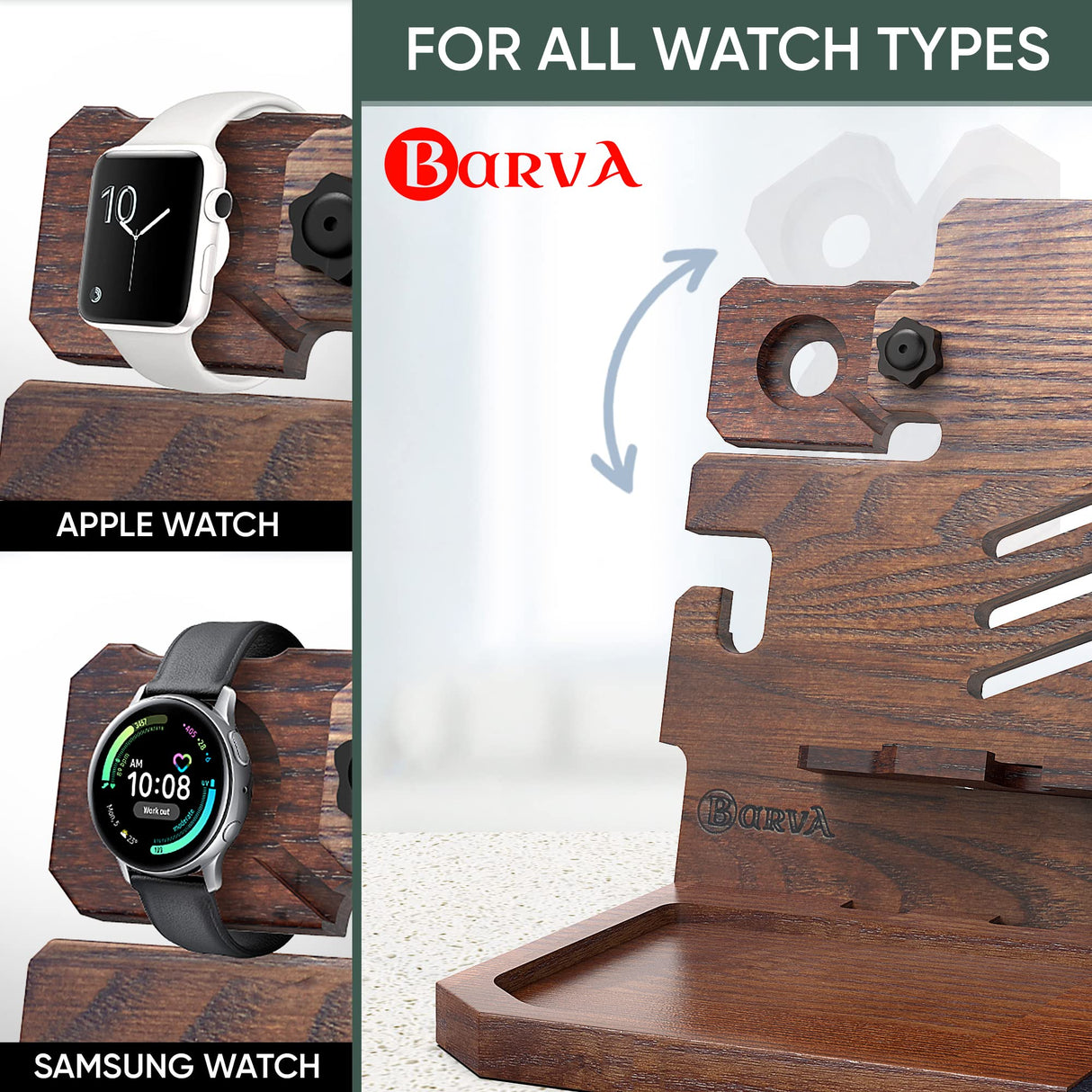 BarvA Phone Docking Station with Patented Adaptive Wood Gun Rack | Night Stand Smart Watch & Phone Stand | Charging Station Desk Organizer | Gun Accessories Storage and Organization BarvA