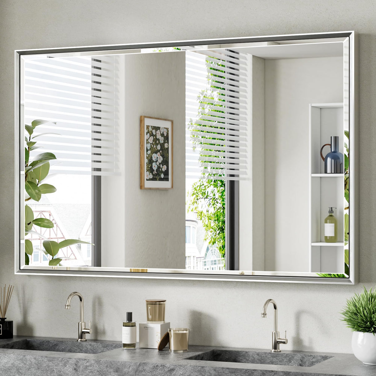 QueenFun 48 x 30 Silver Bathroom Mirror, Large Beveled Silver Bathroom Vanity Mirror, Shatterproof Silver Rectangle Mirror, Silver Metal Framed Mirror for Bathroom Wall, Anti-Rust(Vertical/Horizontal) QueenFun