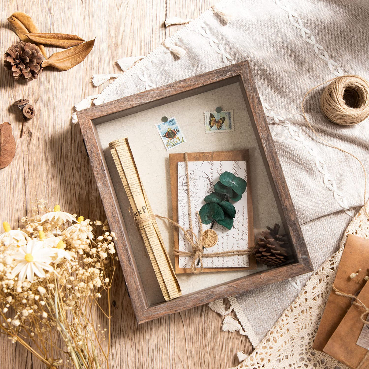 Califortree 8x10 Shadow Box Frame with Linen Back - Sturdy Memory Display Case of Flower, Pictures, Medals and More, Rustic Brown Califortree