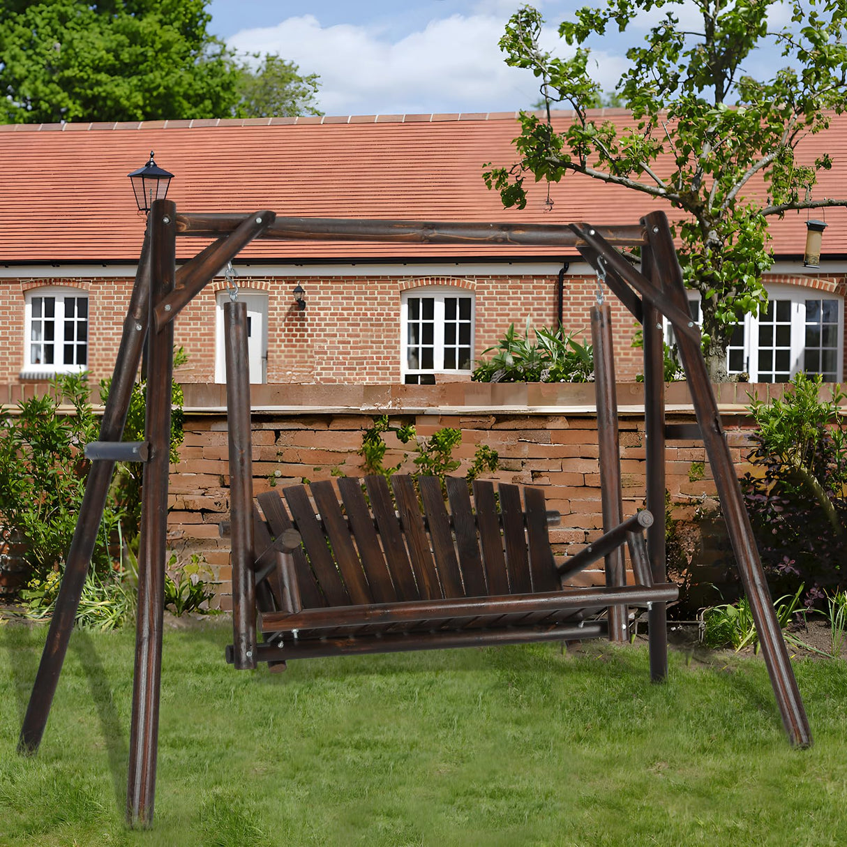 EPICOZY 2-Seat Porch Swing, Wooden Log Patio Swing Chair Bench with Stand, Rustic Hardwood Swing Chair with Curved Back, Wood Seating Porch Swings for Outside Yard, Garden, Deck, Poolside, Carbonized EPICOZY