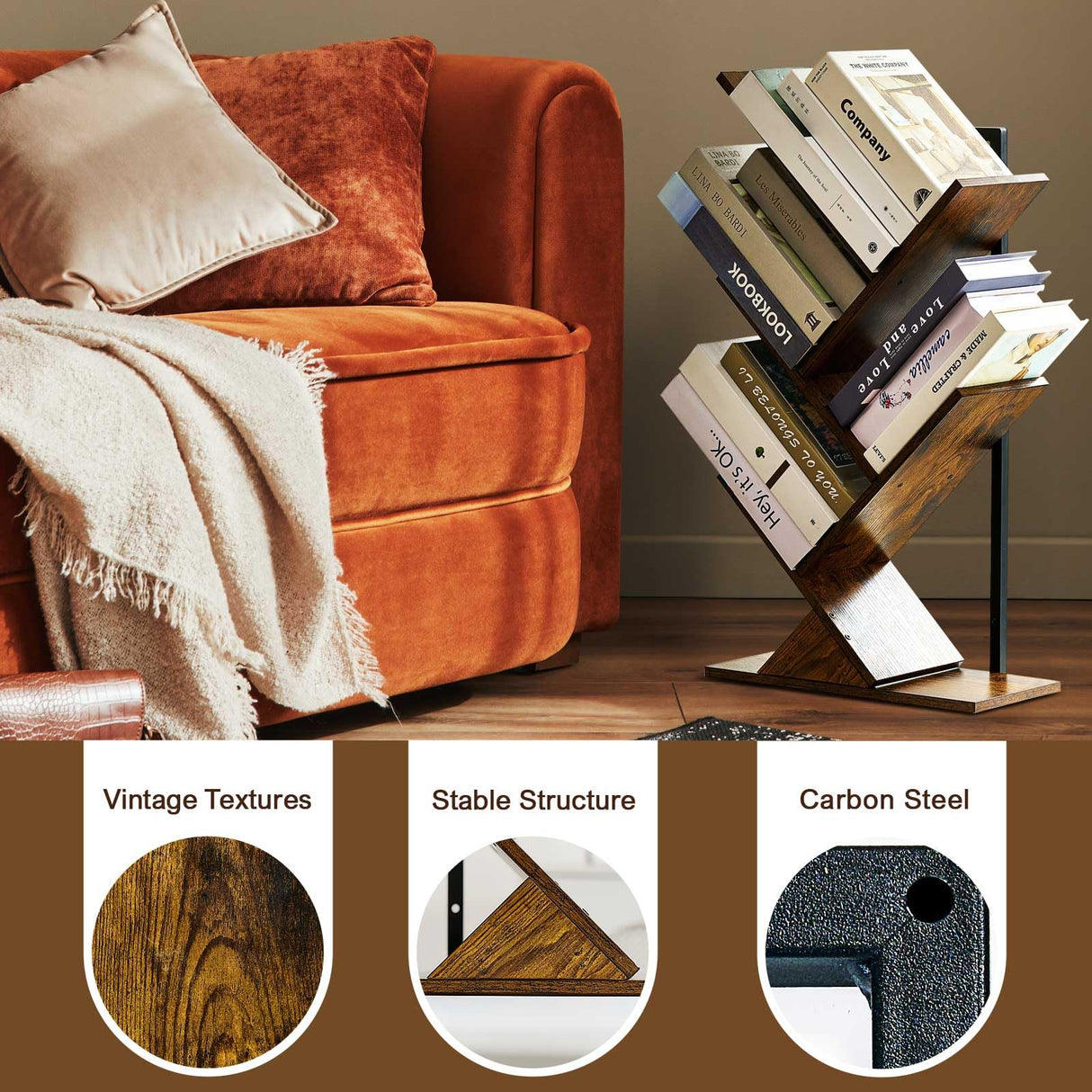 BESHIGH Wood Floating Hanging Shelves Storage for Wall, 4 Tier Wall Mount Tree Bookshelf for Displaying Books/CDs/Magazine, Unique Wall Bookcase for Home, Office, Living Room BESHIGH