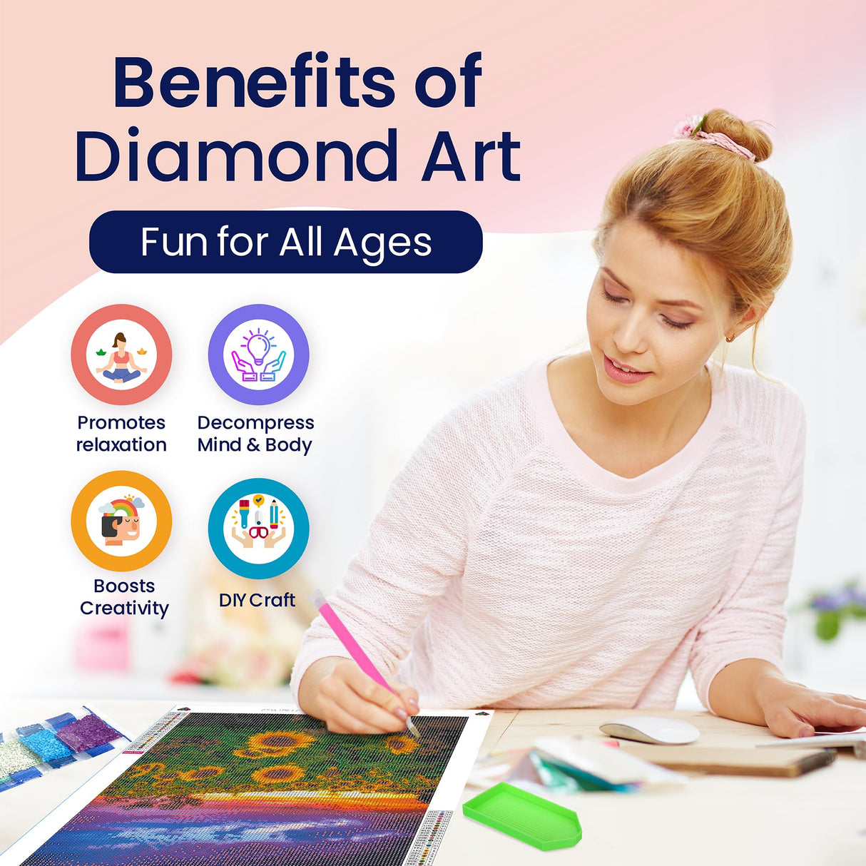 Modern Merch Sunflower Diamond Art Kits for Adults, Sunset Landscape 5D Diamond Painting for Adults, DIY Sunflower Wall Art Cross Stitch Kits, Full Round Drill 12x16in Modern Merch