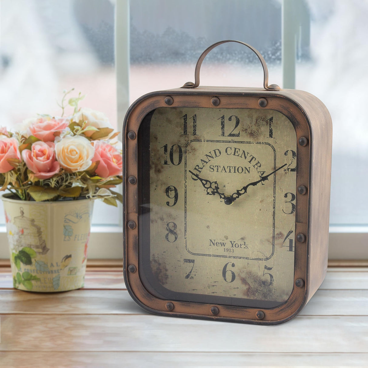 Stonebriar Large Square Rustic Metal Table Top Clock with Handle and Rivet Detail, Industrial Home Decor Accents for the Mantel, Shelf, Desk, or Any Table Top, Battery Operated Stonebriar