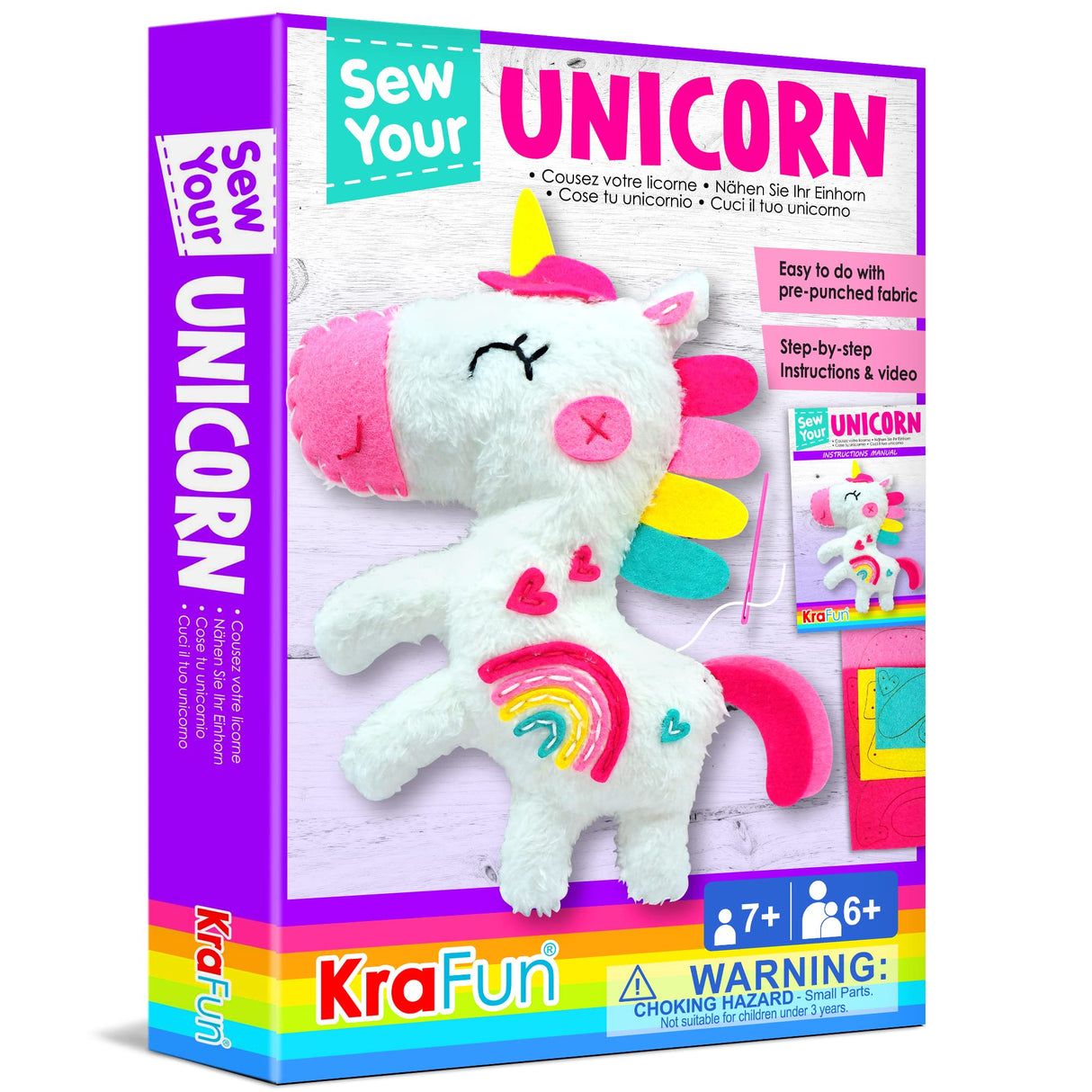 KRAFUN Beginner My First Unicorn Sewing Kit for Kids Art & Craft, Doll Plushie Animal, Instructions & Plush Felt Materials for Learn to Sew, Embroidery, Age 7 8 9 10 11 12 KRAFUN