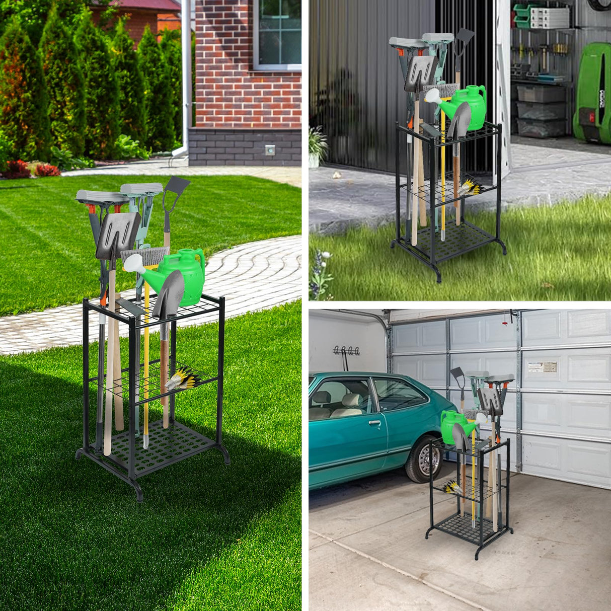 storenization Garden Tool Organizer and Storage, Yard Tool Organizer for Garage Up to 41 Tools, 3-tire Yard Tool Holder Holding Long Handled Tools for Shed Garden Outdoor storenization