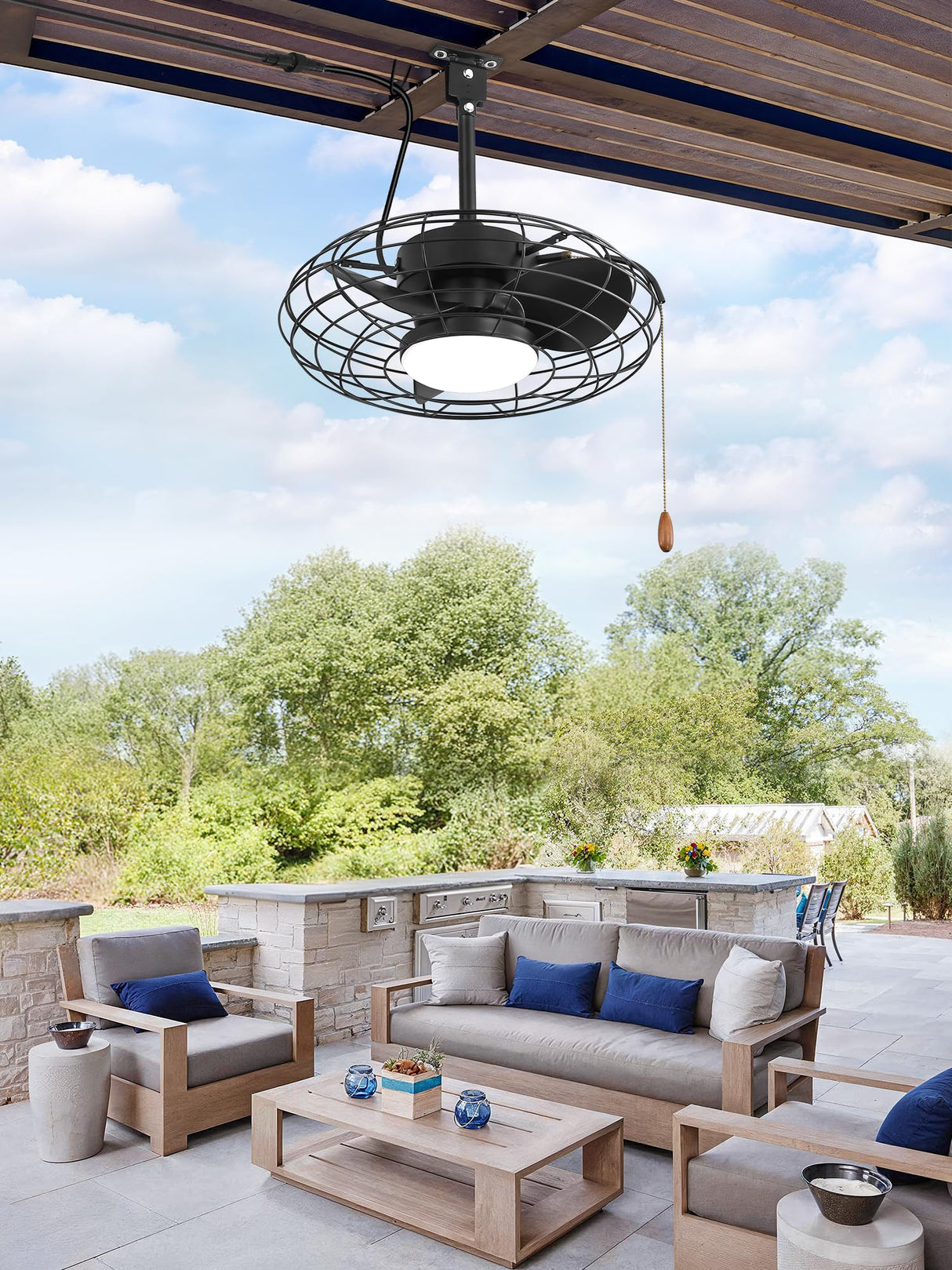 ZMISHIBO Outdoor Ceiling Fans with Light for Patios,Waterproof Gazebo Fan with Remote Control Smart App,3CCT Dimmable,Plug in Caged Ceiling Fan with Pull Chain for Porch Pergola,Black ZMISHIBO